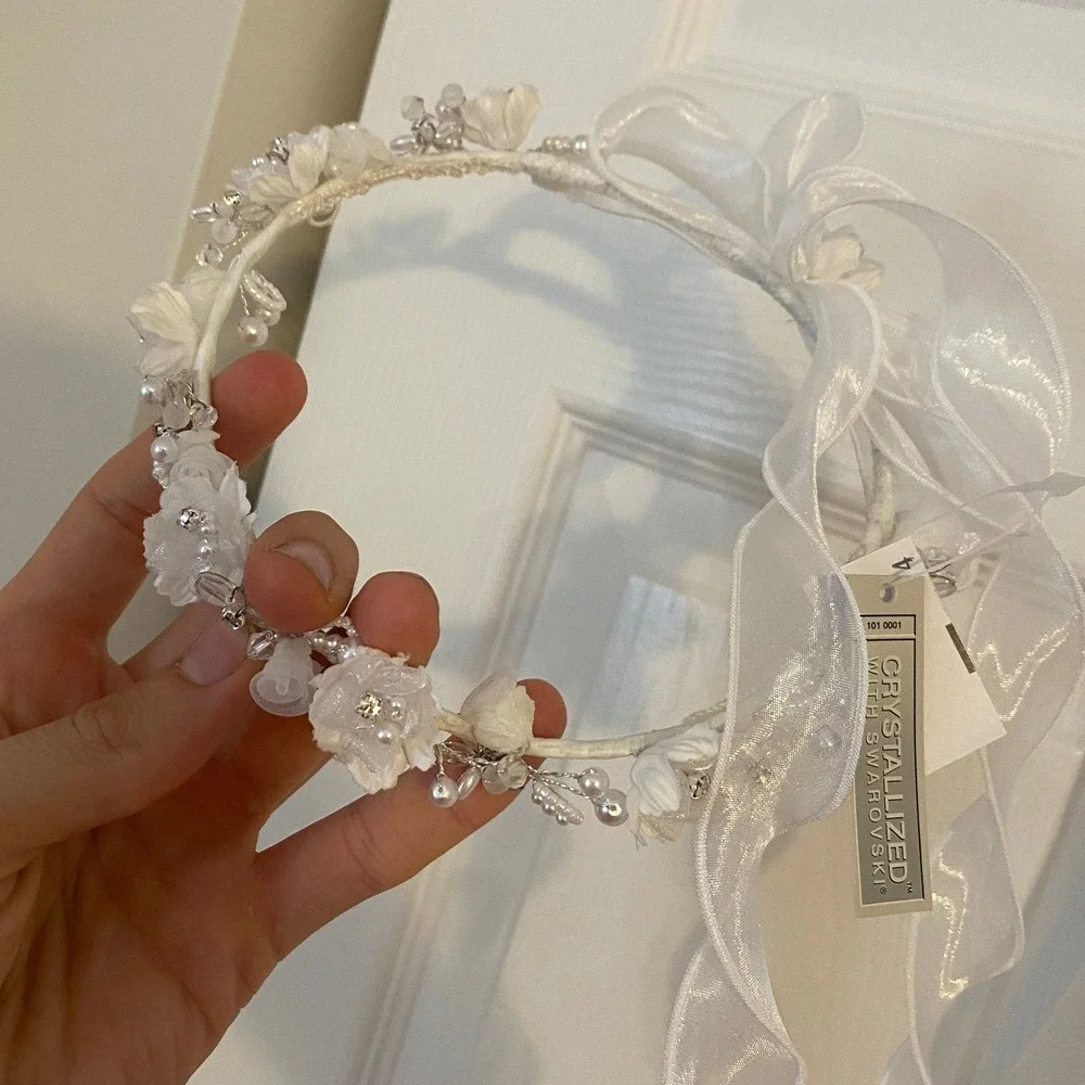 Davids Bridal White Floral Beaded Illusion Gown Girls 8 with Matching Headpiece - Picture 8 of 12